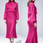 Women's Satin Turtleneck Lantern Sleeve Midi Dress