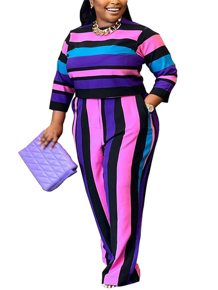 Women's Striped Crop Top and Pants Two-Piece Set 91302