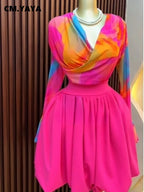 Women's Tie Dye Mesh Long Sleeve Wrap V Neck Pleated Mini Dress