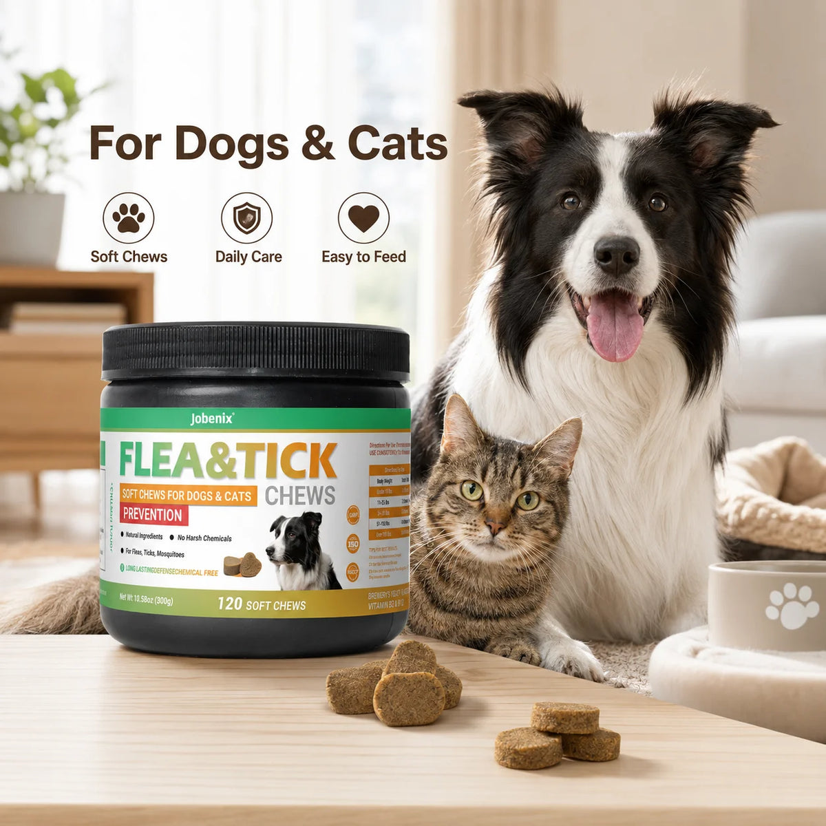 Flea & Tick Soft Chews for Dogs and Cats Skin & Coat Support 120 Count
