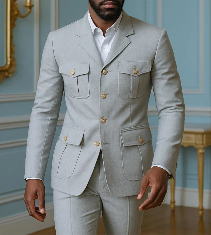 Men's Stripe Safari Slim Fit 2-Piece Suit Set