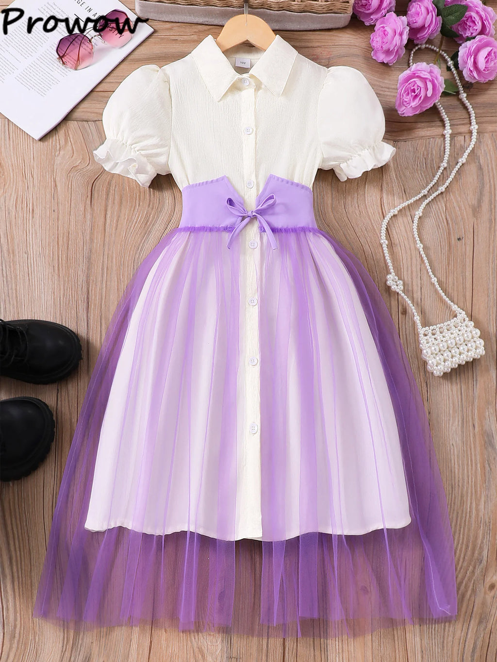 Girls' Patchwork Puff Sleeve Princess Dress with Mesh Skirt