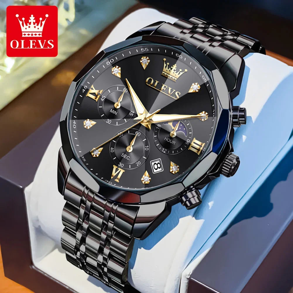Men's Multifunctional Chronograph Quartz Watch with Moon Phase