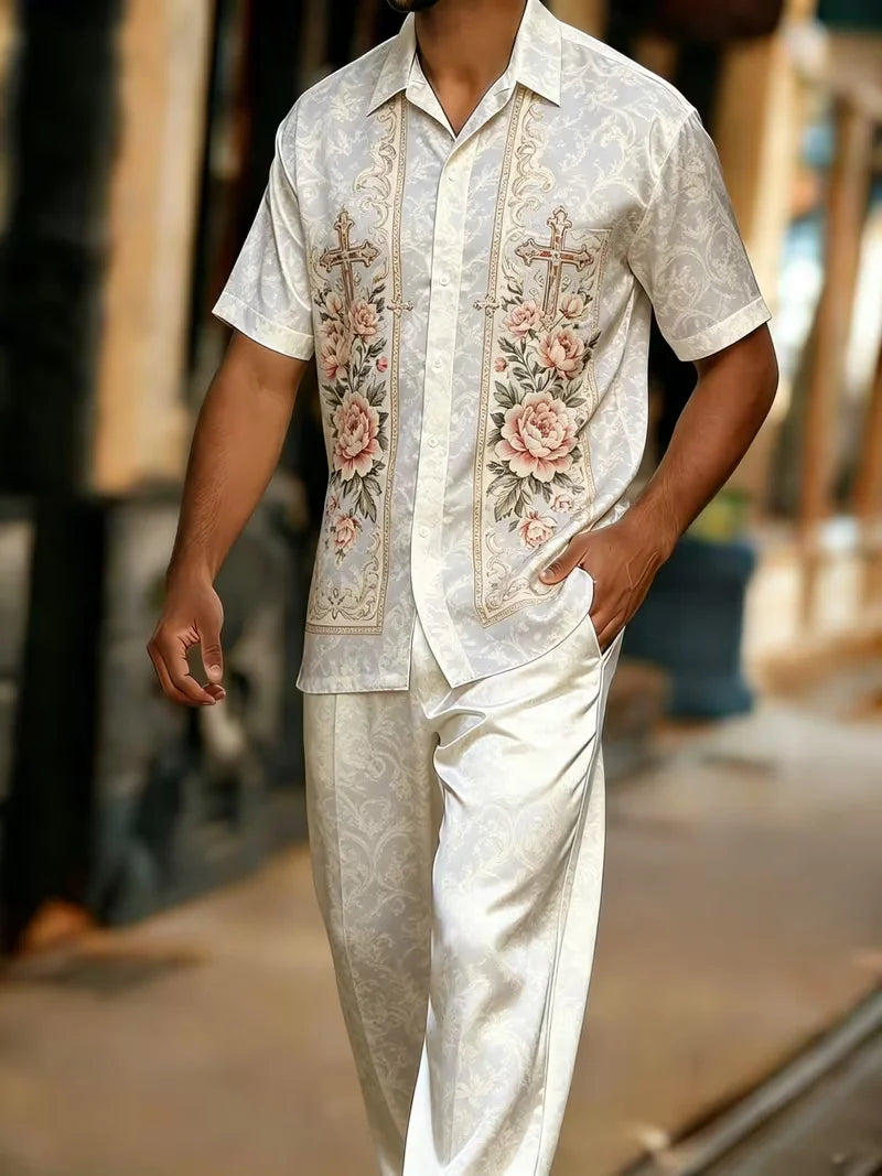 Men's 3D Print Short Sleeve Shirt and Pants Two Piece Set