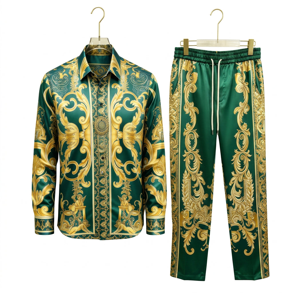 Men's Baroque Print Short Sleeve Shirt and Pants Two Piece Set