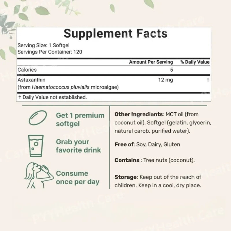 Astaxanthin 12mg Plant-Based Microalgae Dietary Supplement Softgels