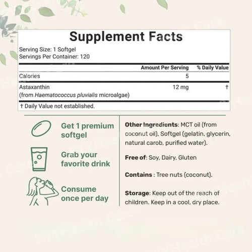 Astaxanthin 12mg Plant-Based Microalgae Dietary Supplement Softgels