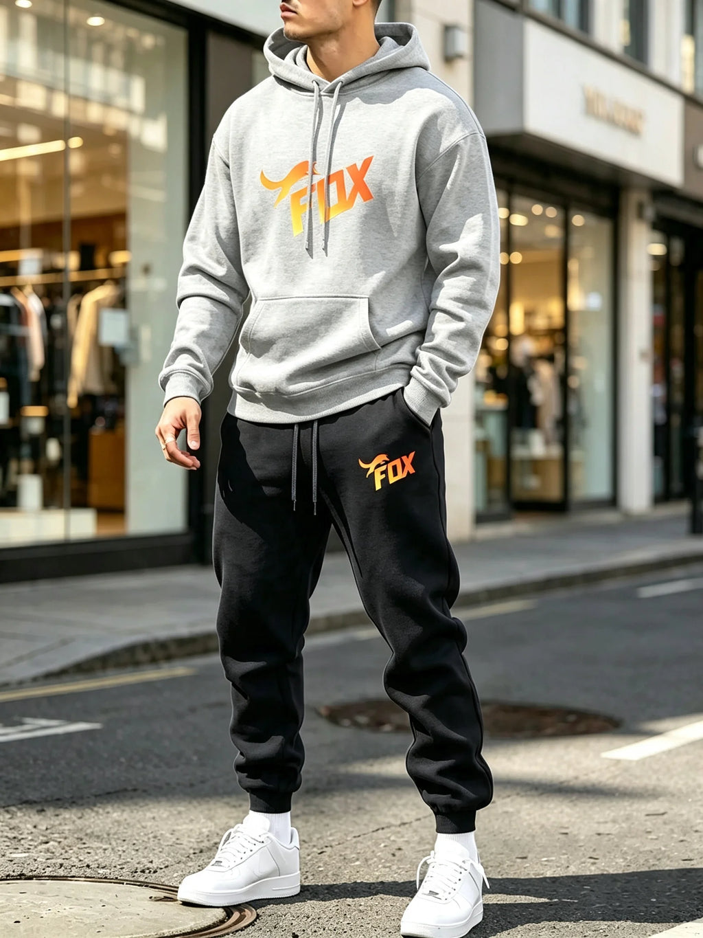 Men's Fox Print Hoodie and Sports Pants Two-Piece Set