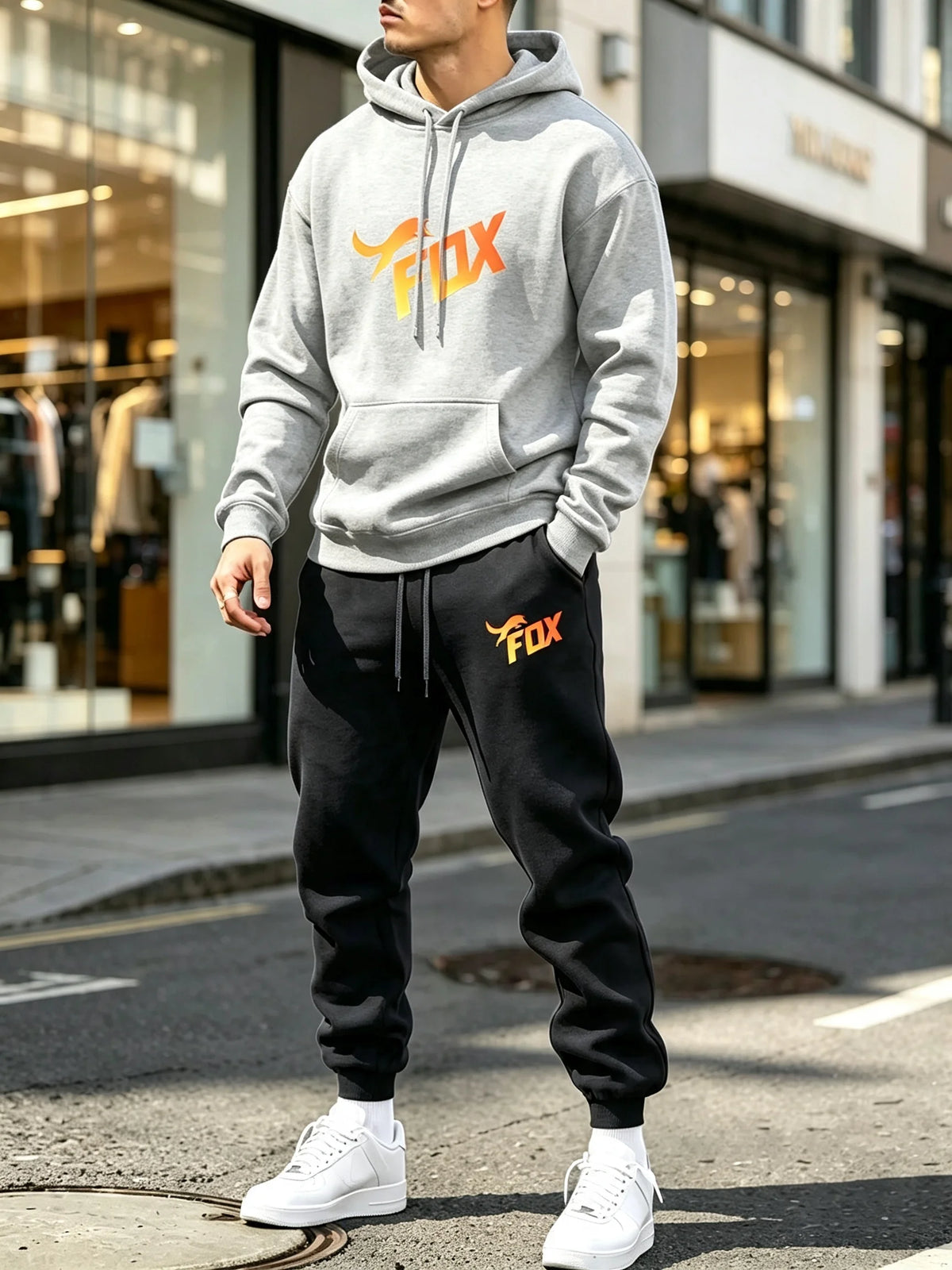 Men's Fox Print Hoodie and Sports Pants Two-Piece Set