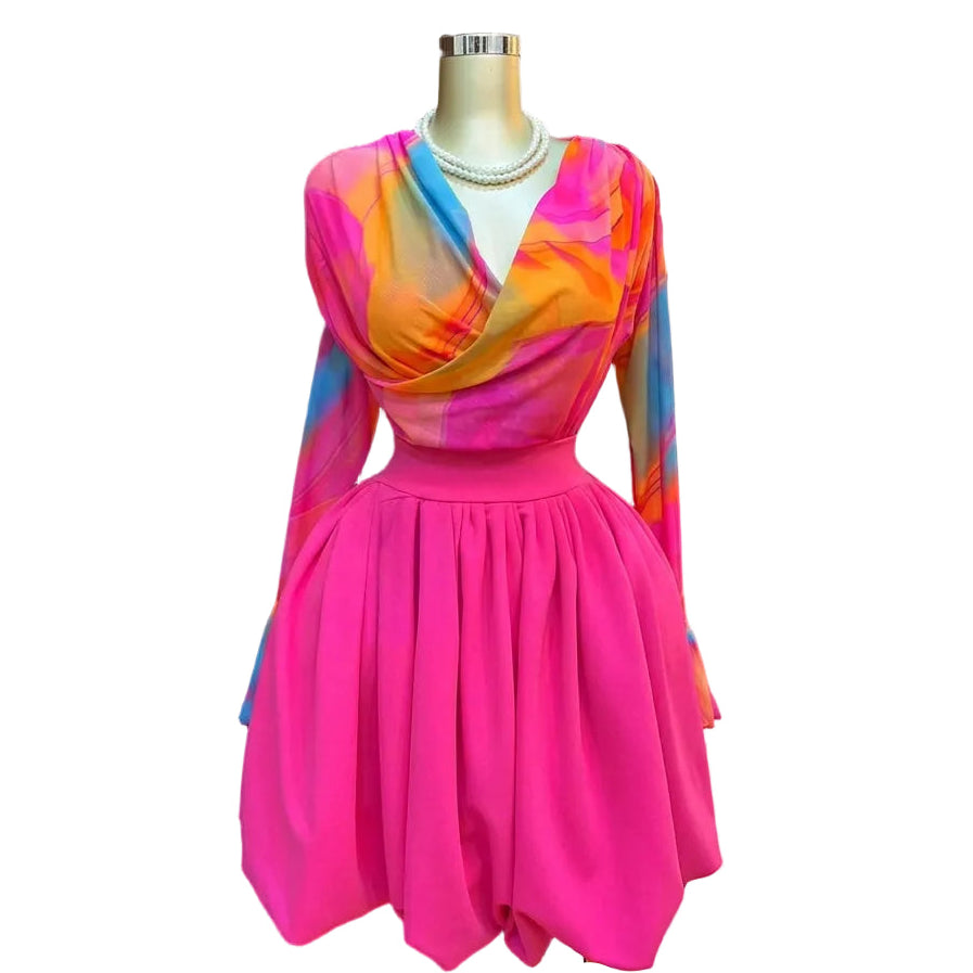 Women's Tie Dye Mesh Long Sleeve Wrap V Neck Pleated Mini Dress
