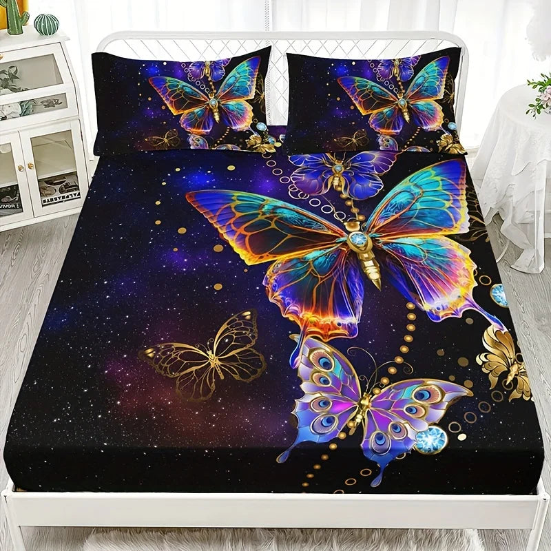 Butterfly Print Polyester Fitted Sheet Set