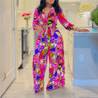Women's Printed Long Sleeve Lace-Up Top and Straight Pants Two-Piece Set