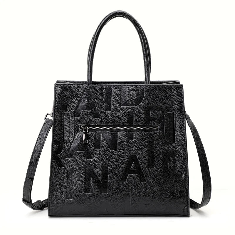 Women's Letter Print Cowhide Leather Large Capacity Handbag