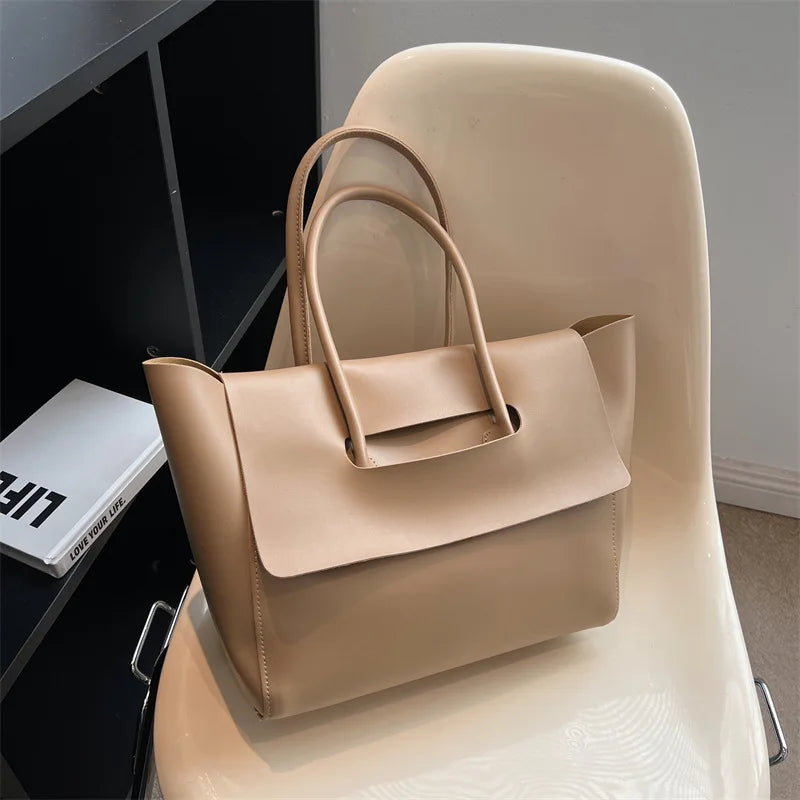 Women's Solid Color PU Leather Handbag Shoulder Tote Bag
