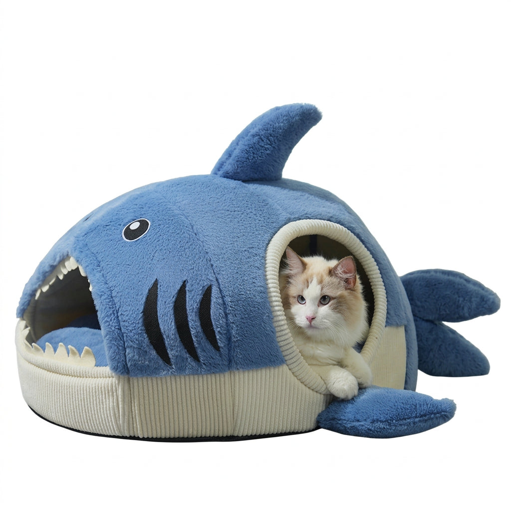 Cartoon Shark Semi Enclosed Cat Bed