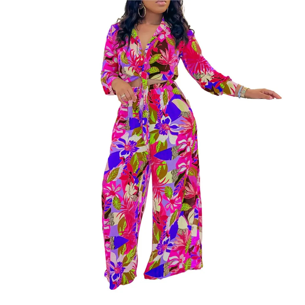 Women's Printed Long Sleeve Lace-Up Top and Straight Pants Two-Piece Set