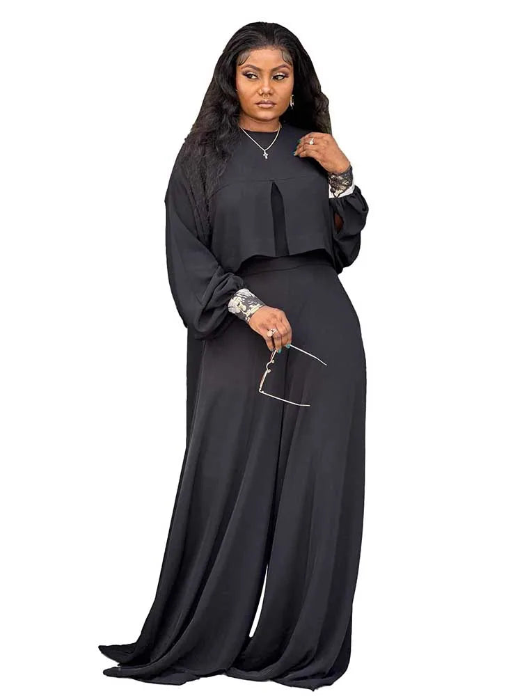 Women's Lantern Sleeve Round Neck Top and Wide Leg Pants Two-Piece Set