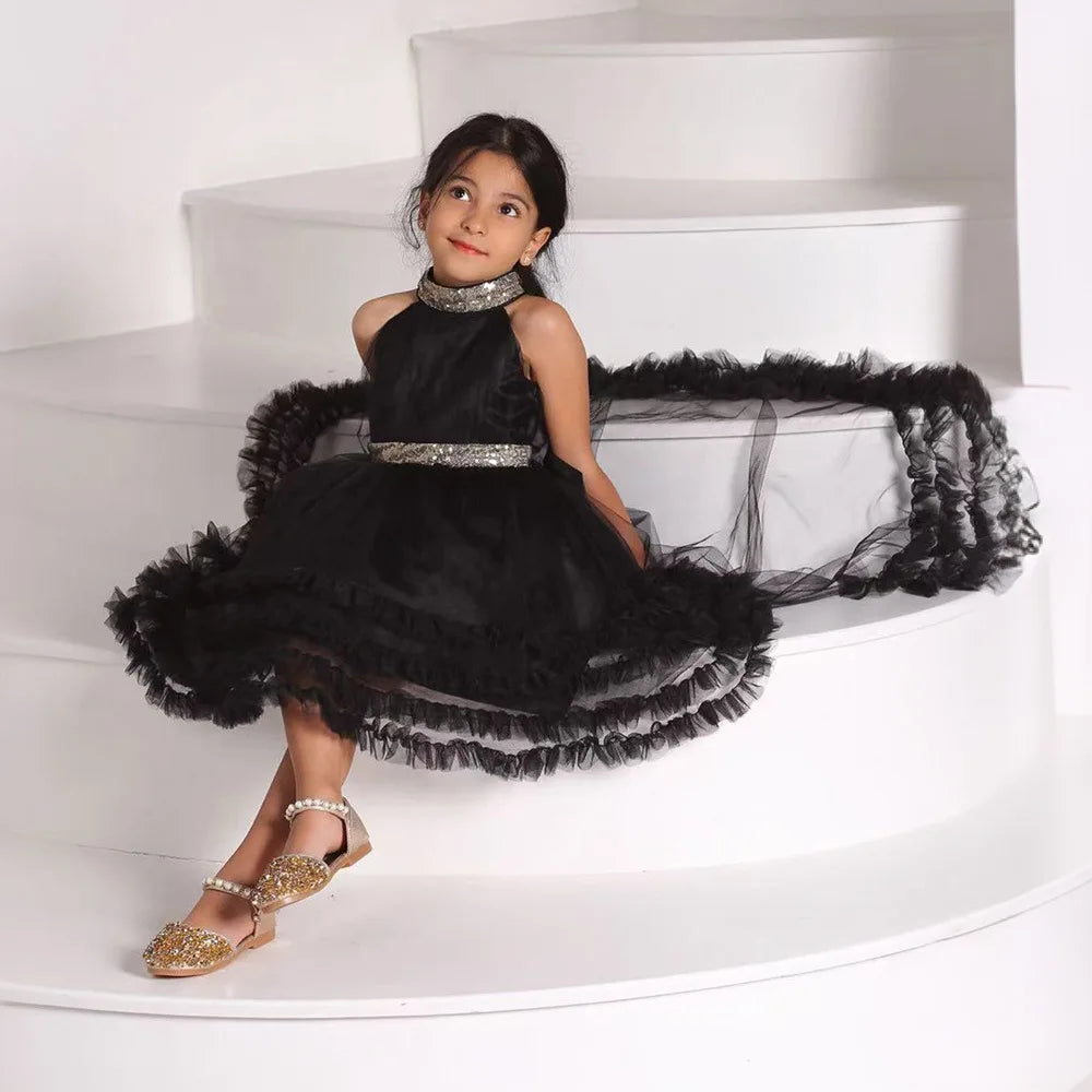 Girls' Sleeveless Princess Dress with Big Bow and Trailing Mesh