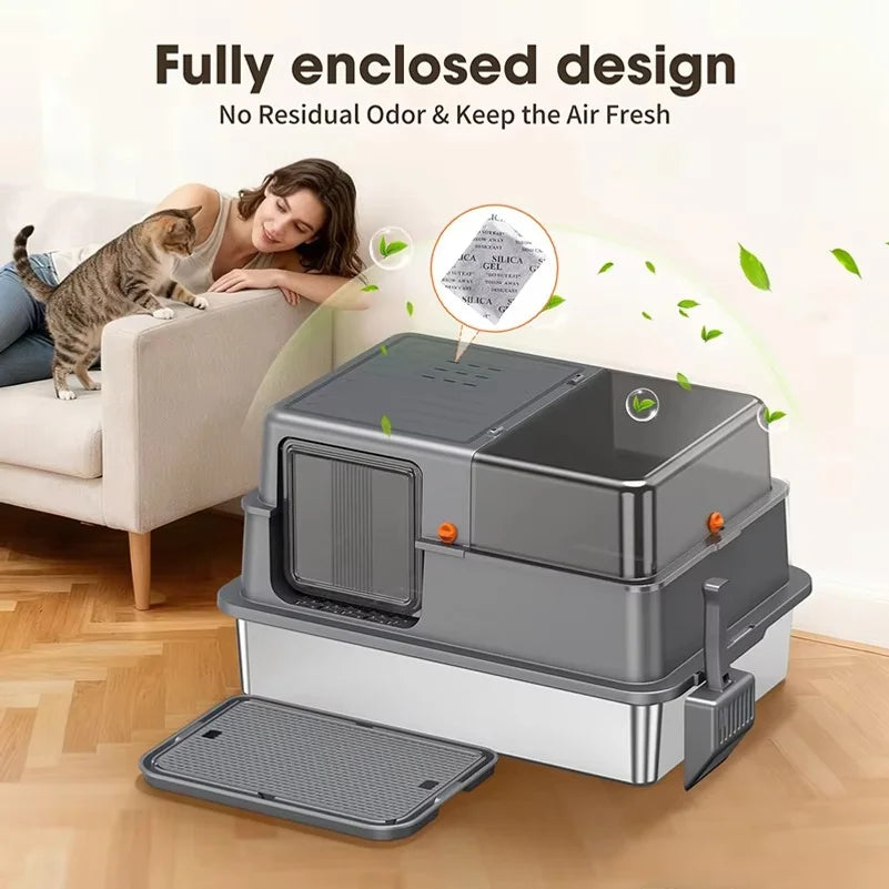 Enclosed Stainless Steel Cat Litter Box for Cats