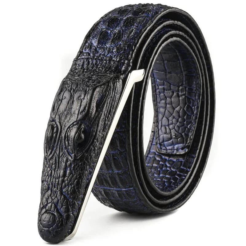 Men's Crocodile Pattern Leather Belt with Smooth Buckle