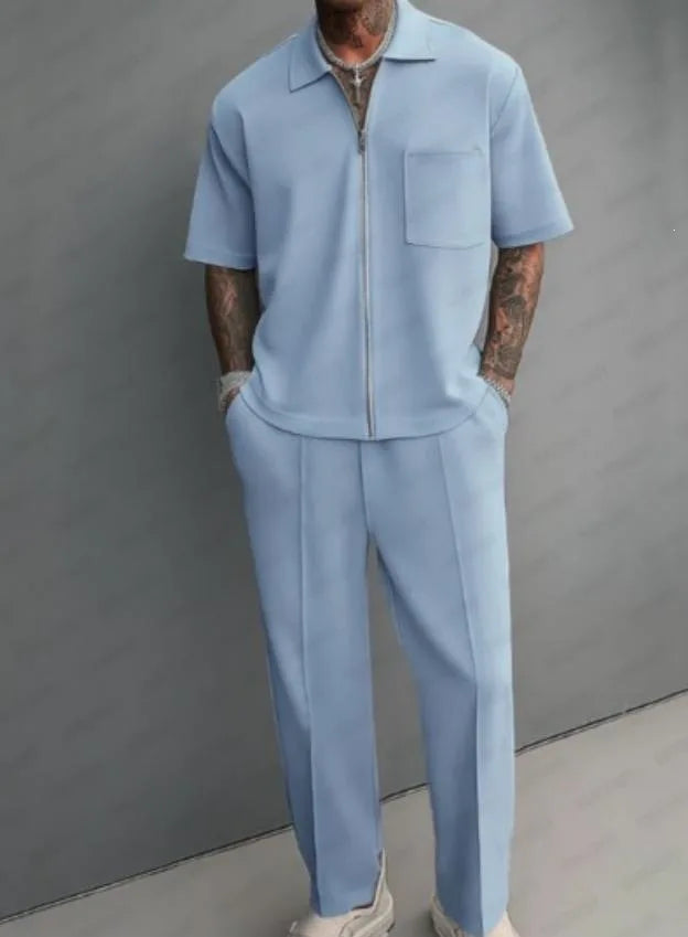 Men's Casual Half-Zip Polo Shirt and Pants Tracksuit Set