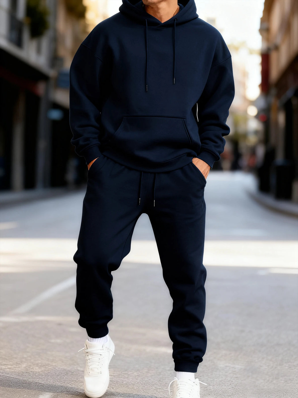 Men's Solid Color Pullover Hoodie and Sweatpants Two-Piece Set