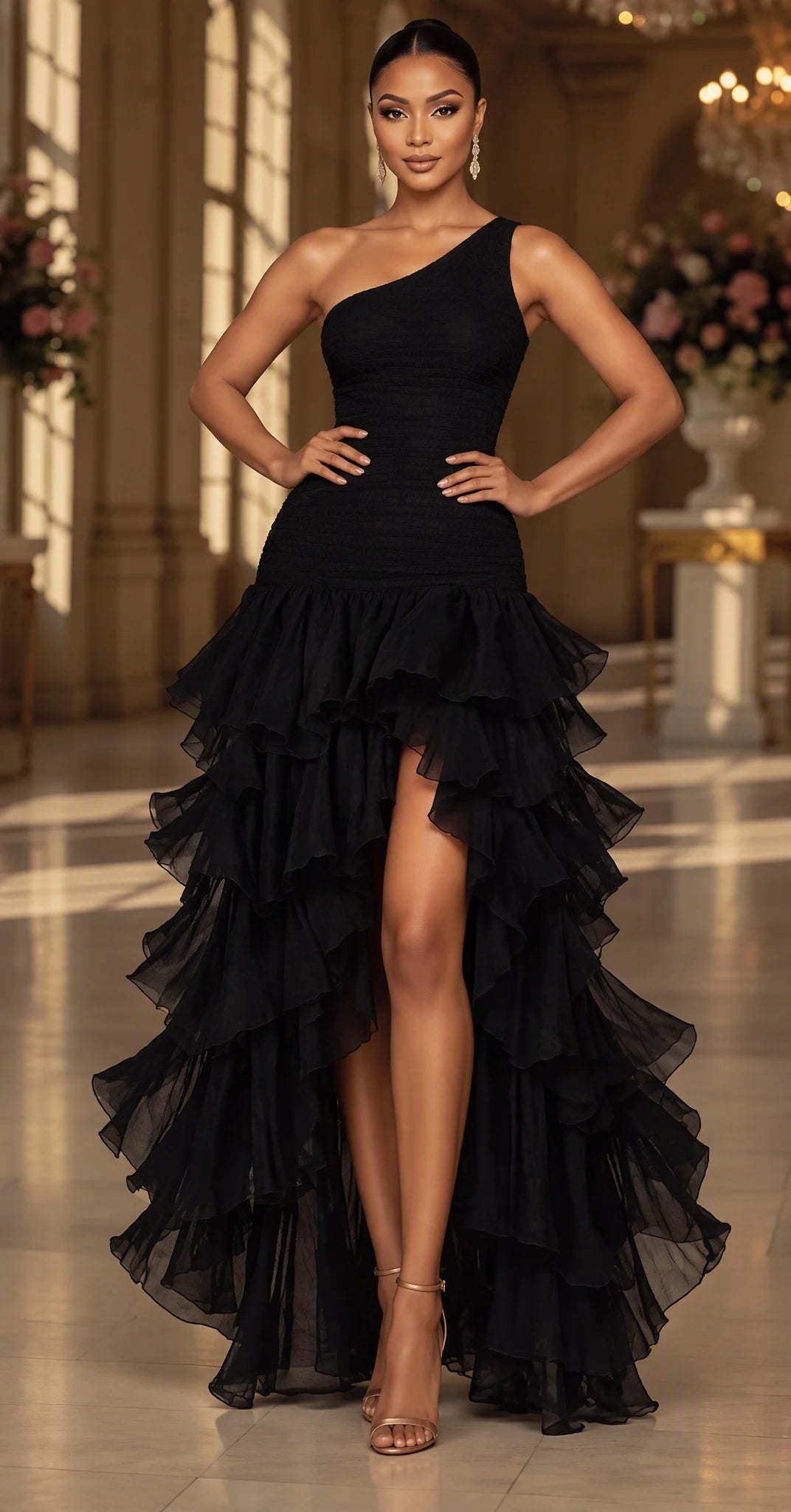 Women's One Shoulder Ruched Ruffle Maxi Dress