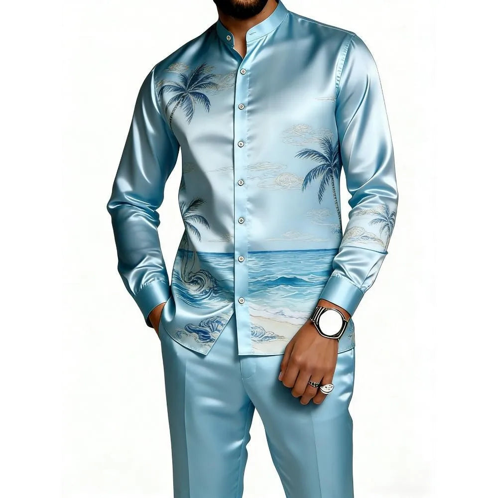 Men's Casual 3D Print Long Sleeve Shirt and Pants Set