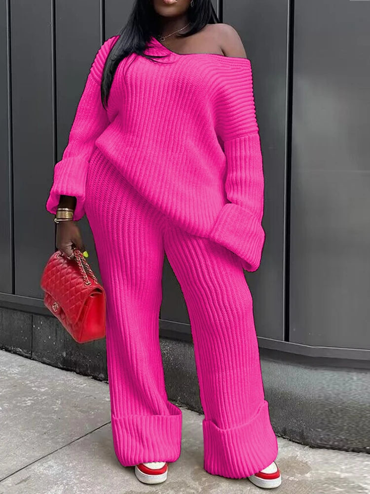 Women's Warm Knitted Sweater and Pants Two-Piece Set
