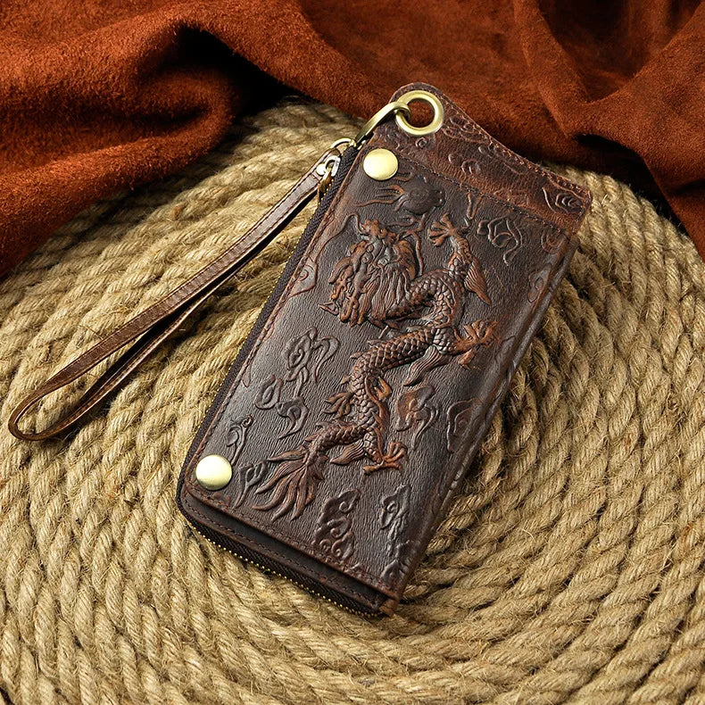 Men's Vintage Crazy Horse Genuine Leather Long Zipper Wallet