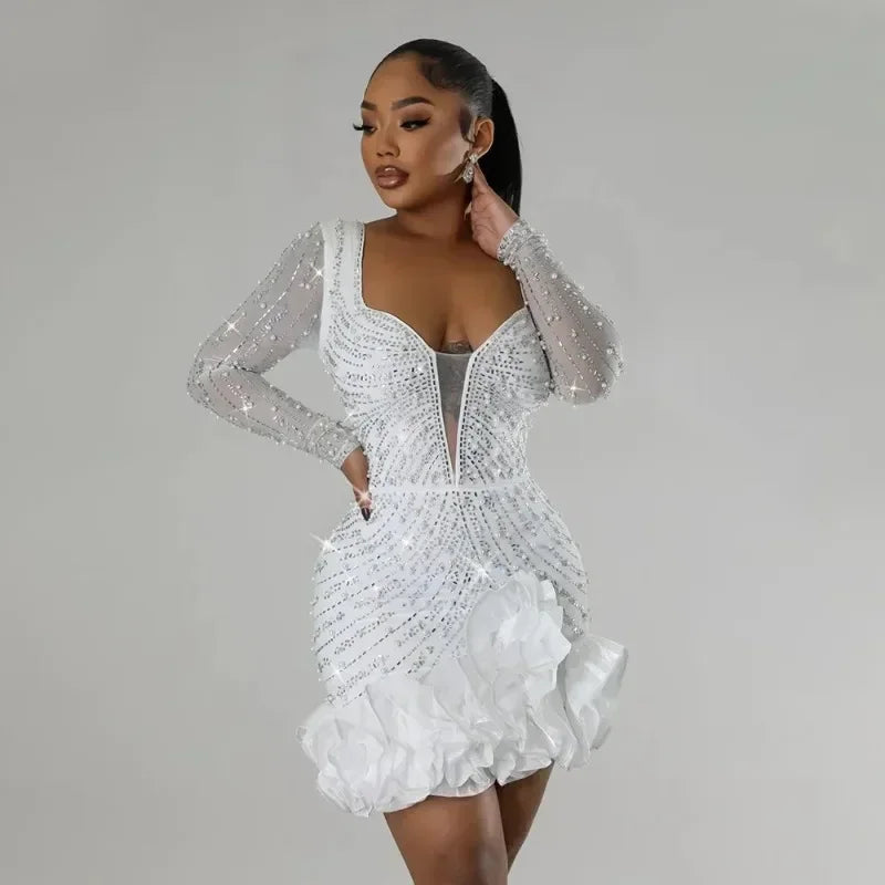 Women's Elegant Beaded Long Sleeve Ruffle Party Dress