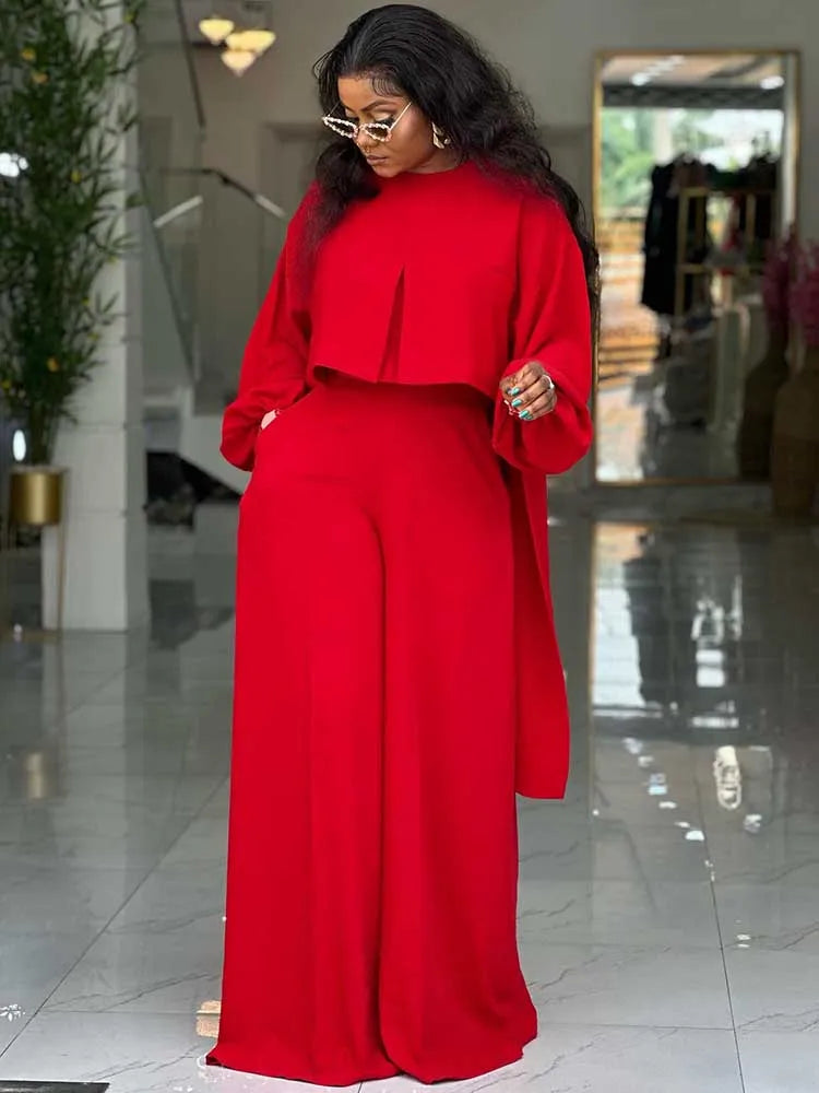 Women's Lantern Sleeve Round Neck Top and Wide Leg Pants Two-Piece Set