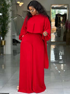 Women's Lantern Sleeve Round Neck Top and Wide Leg Pants Two-Piece Set