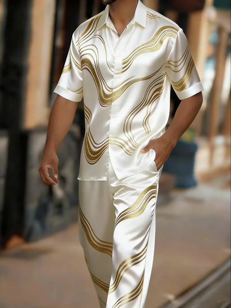 Men's Baroque Print Short Sleeve Shirt and Pants Two Piece Set