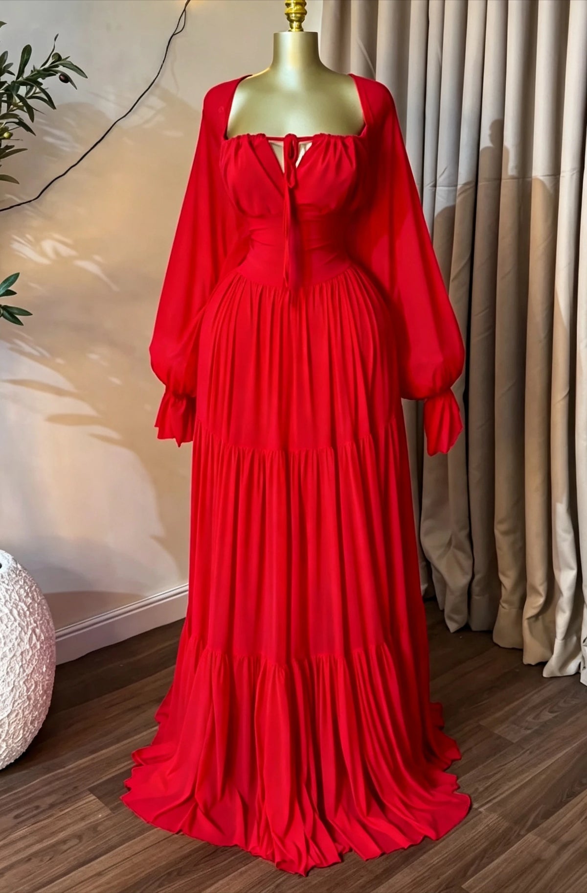 Women's Strapless Long Sleeve Belted Maxi Dress