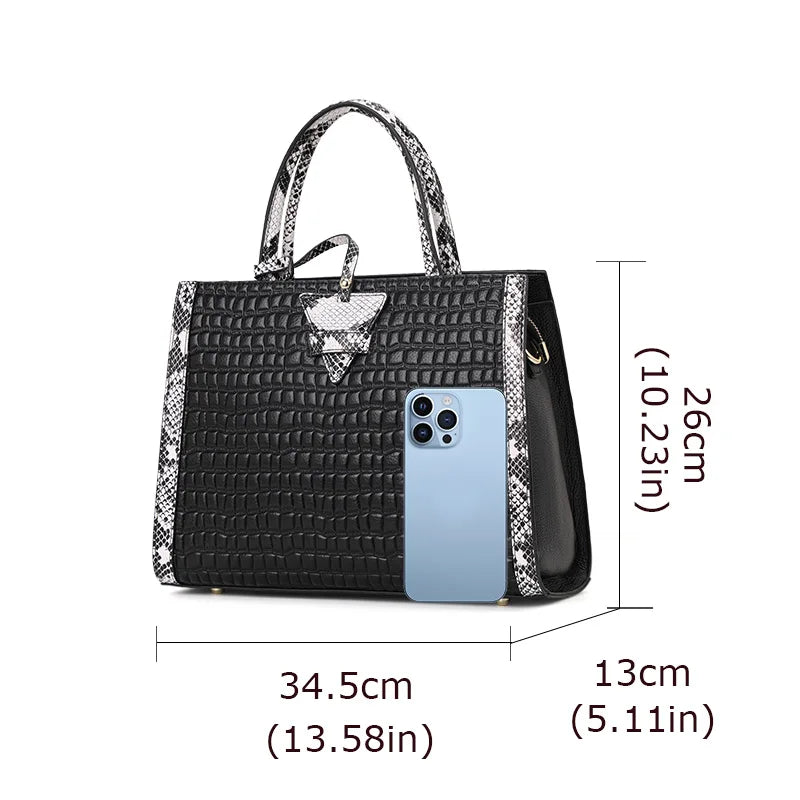 Women's Stone Pattern Cowhide Leather Large Capacity Shoulder Handbag