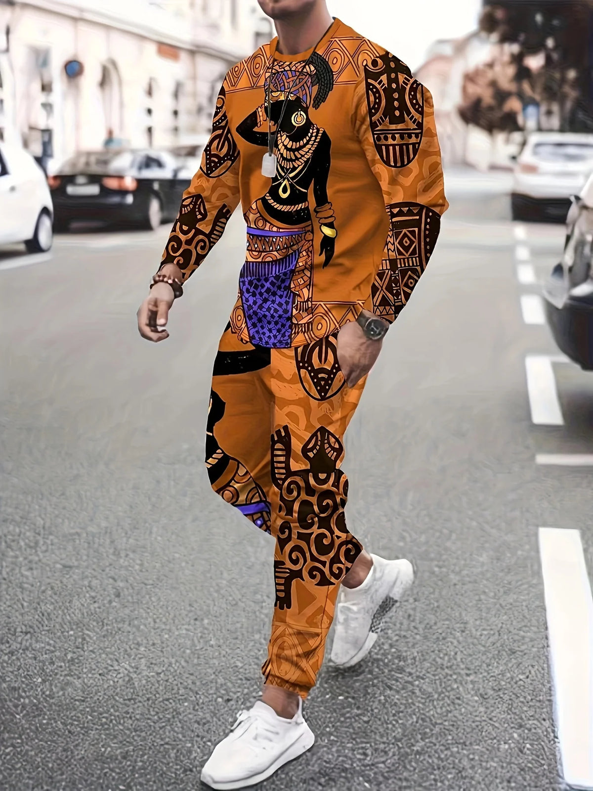 Men's Faux-Zipper Print Sweatshirt and Pants Two-Piece Set