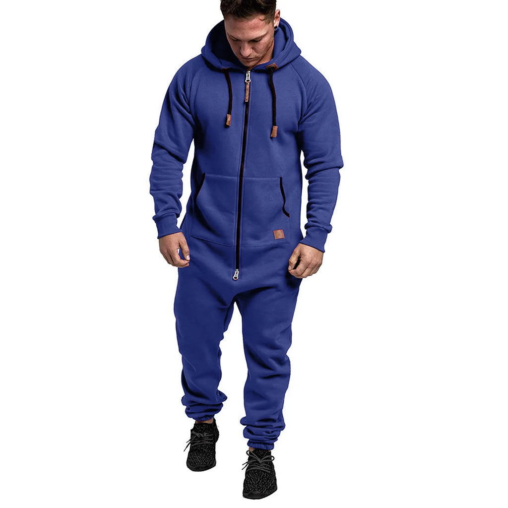 Men's Solid Hooded Fleece Jumpsuit Set