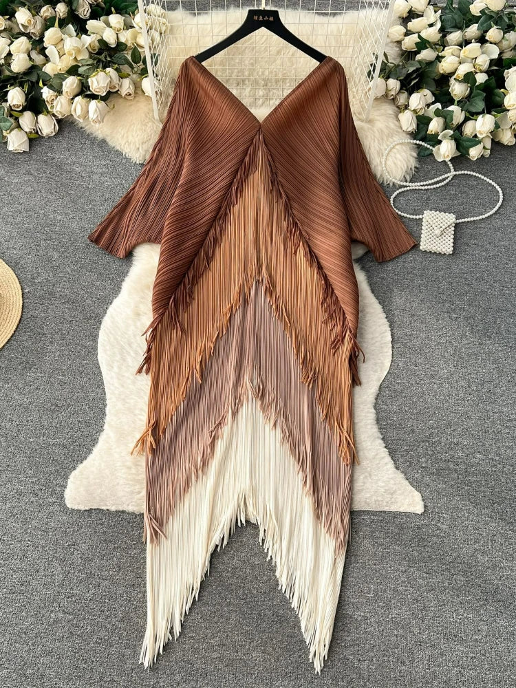 Women's Pleated Color-Block Tassel Mid-Calf Dress