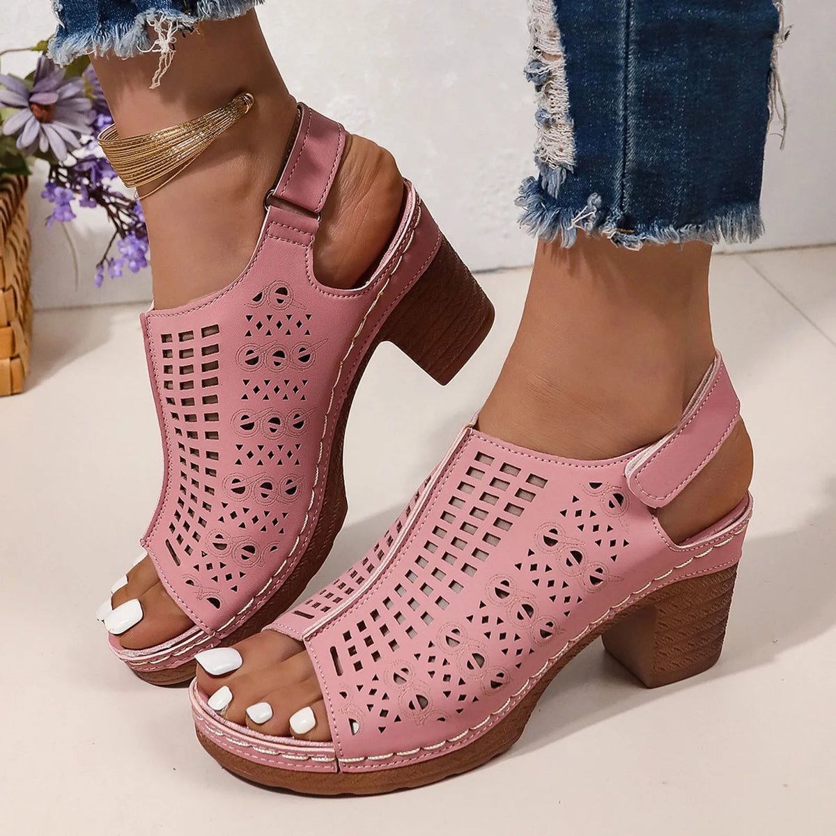 Women's Elegant Block High Heel Ankle Strap Dress Sandals