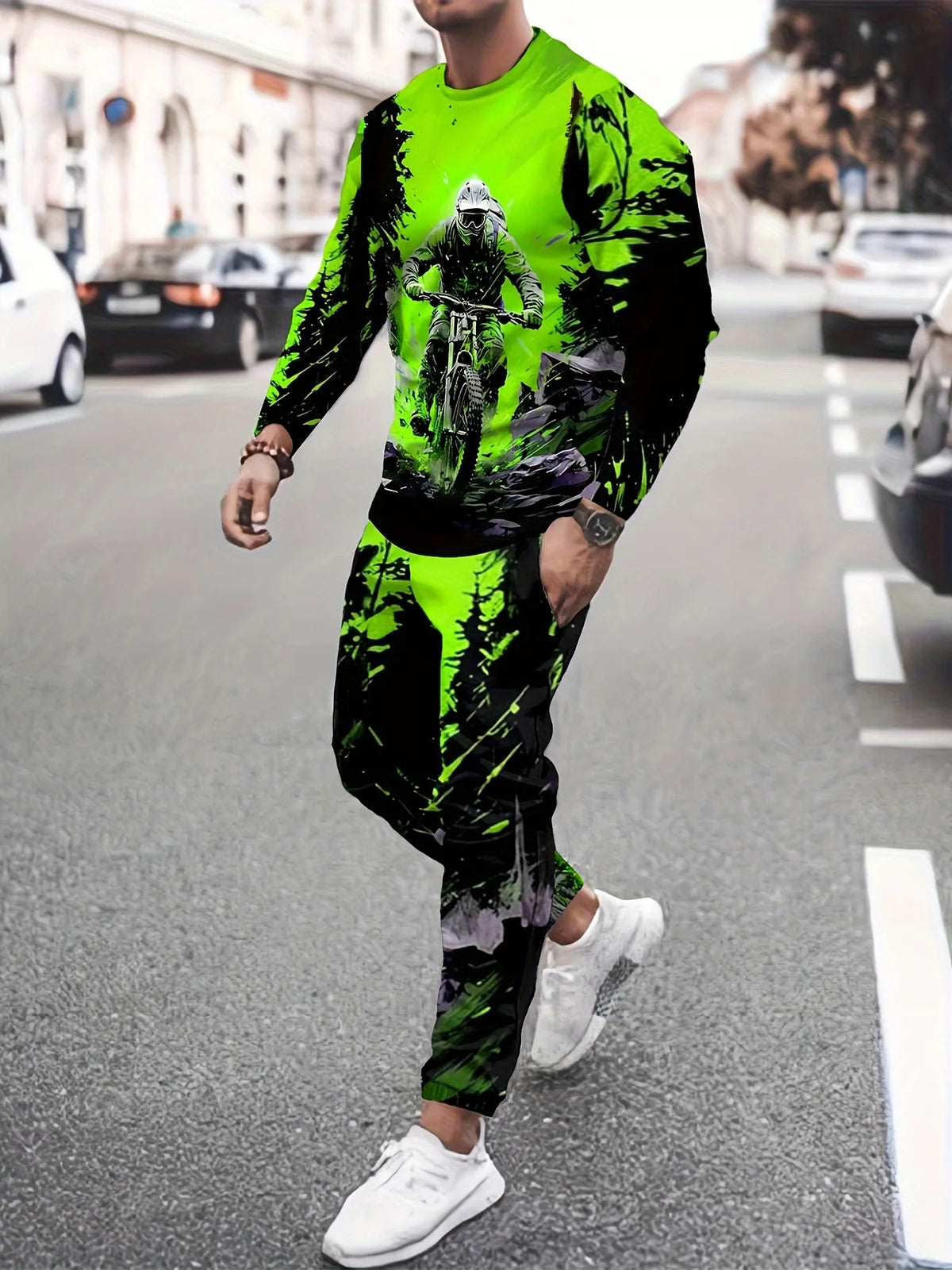 Men's Faux-Zipper Print Sweatshirt and Pants Two-Piece Set