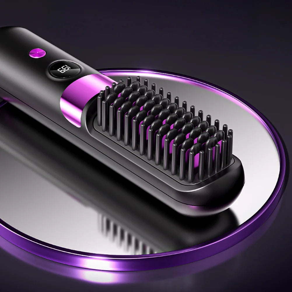 Cordless Ceramic Hair Straightener Brush with LED Display