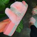 Women's Rhinestone Fur Platform Wedge Slide Sandals