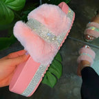 Women's Rhinestone Fur Platform Wedge Slide Sandals