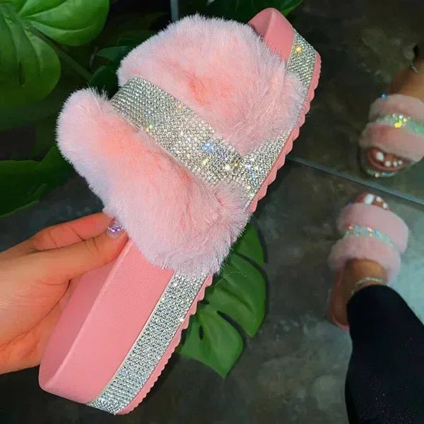 Women's Rhinestone Fur Platform Wedge Slide Sandals