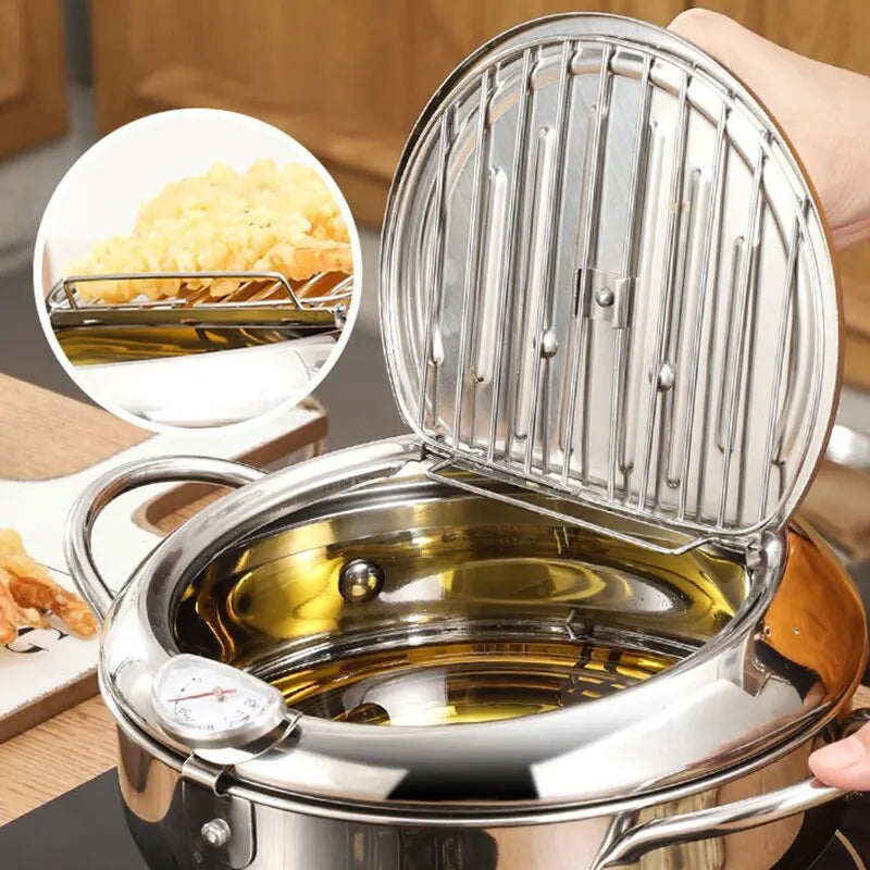 Stainless Steel Tempura Deep Fryer Pan with Thermometer and Lid