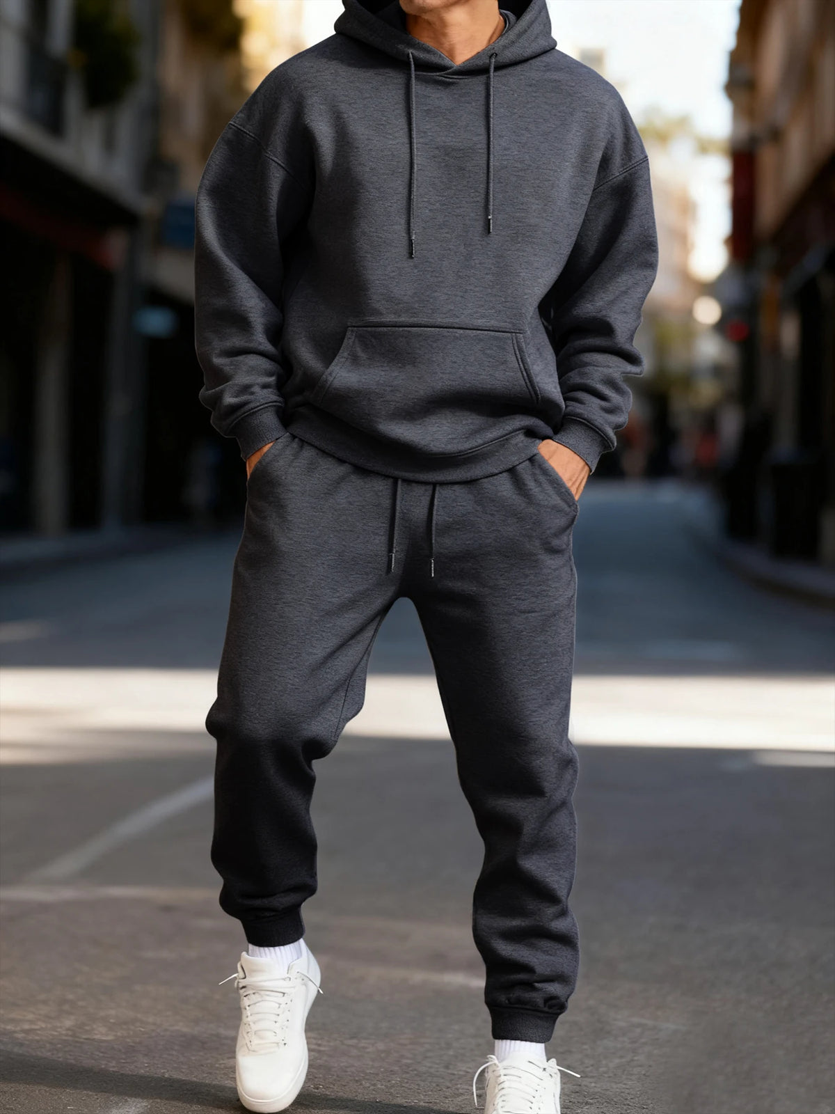 Men's Solid Color Pullover Hoodie and Sweatpants Two-Piece Set
