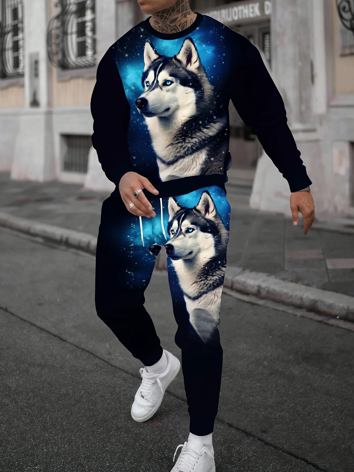 Men's Faux-Zipper Print Sweatshirt and Pants Two-Piece Set