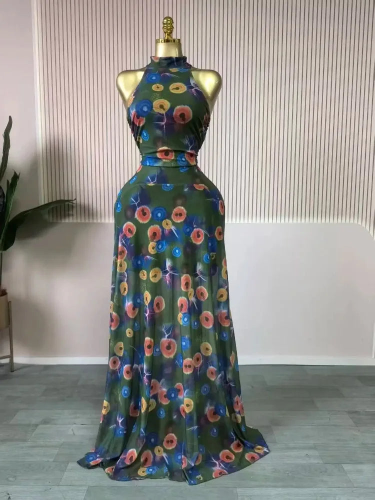 Women's Floral Print O-Neck Mermaid Maxi Dress