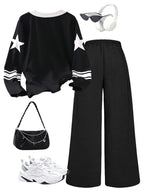 Girls' Digital-Print Long-Sleeve Top and Black Pants 2-Piece Set
